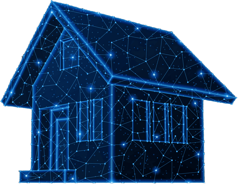 Digital-twin illustration of a smart building with animated data points
